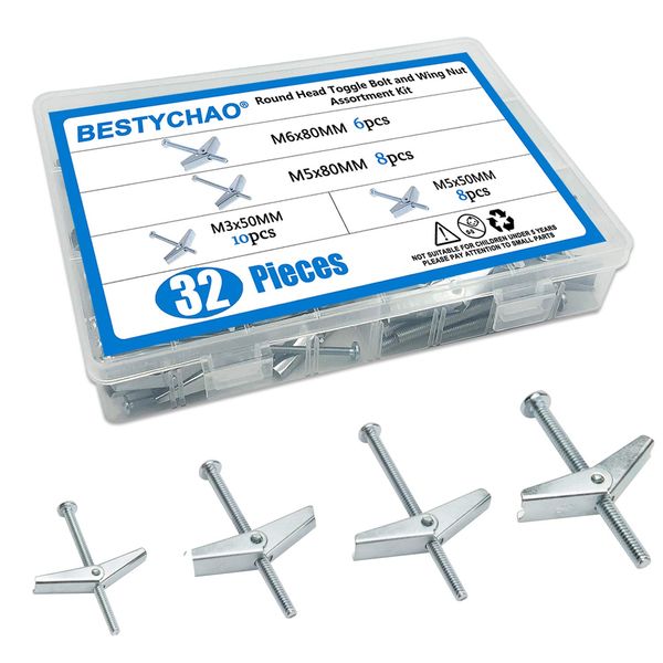 BESTYCHAO 32pcs 4 Sizes Wing Spring Toggle Bolt with Screws Assortment Kit M3 M5 M6 for Plasterboard Hollow Wall Fixings