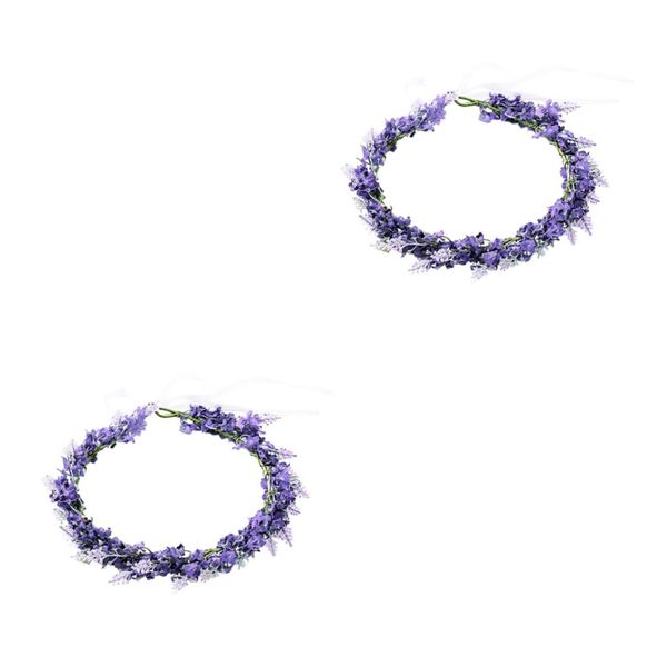 BIUDECO 2pcs Lavender Floral Wreath Lavender Flower Hawaiian Flower Lavender Headband Bridal Headpieces for Wedding Wreath Flower Headpiece Lavender for Women Fairy Hair Blue Flower Bride