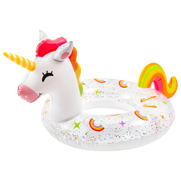 GROBRO7 White Unicorn Inflatable Pool Giant Float with Glitters Summer Swimming Pool Ring Outdoor Water Lounge Raft Vinyl Swimming Floaty Pool Toy Beach Party Supplies for Adults Kids(10+ years)