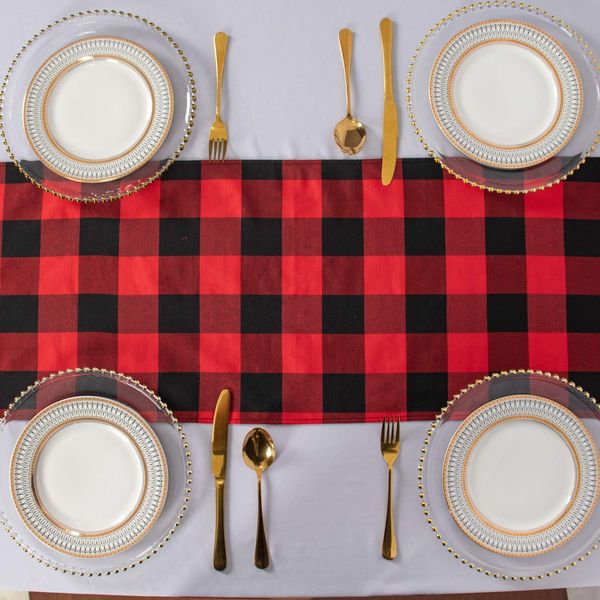 ShinyBeauty Table runner Buffalo Check Plaid Table Runner 14x90-Inch Red and Black Christmas Plaid Table Runners Embroidery Checkered Table Runner for Outdoor Party Decor