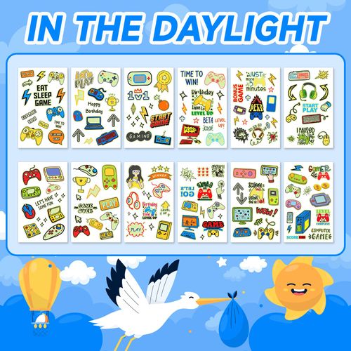 Acevegue Temporary Tattoos for Kids Party Bag Fillers, 12 Sheets Luminous Tattoo Stickers for Children Party Favours, Party Toys Birthday Decoration Supplies(Video Game)
