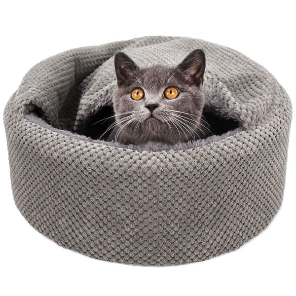 Winsterch Washable Warming Cat Bed House,Round Soft Cat Beds for Indoor Cats,Calming Pet Sofa Kitten Bed, Small Cat Pet Covered Cat Cave Beds (Gray)