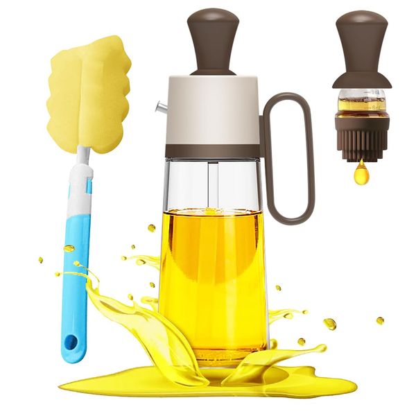 Oil and Vinegar Dispenser with Brush,2 in 1 Olive Oil Dispenser Bottle for Kitchen,Glass Oil Bottle with Silicone Brush for Cooking,Oil and Vinegar Dispenser 18.6oz with Cleaning Brush (Cocoa Brown) …