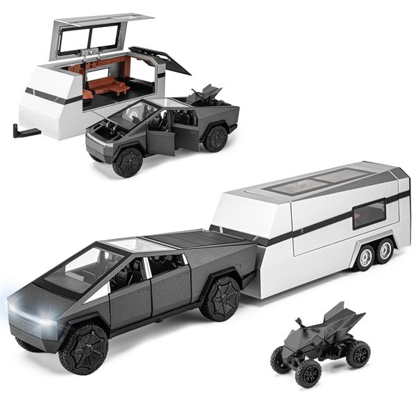 Youngyes Cybertruck Toy for Kids, Pickup Truck with RV Motorcycle Cybertquad Metal Die-cast Model Car, 1/32 Toy Truck and Trailer with Sound/Light/Pull Back, Ideal Gift for Boys Aged 6 and Up (Grey)