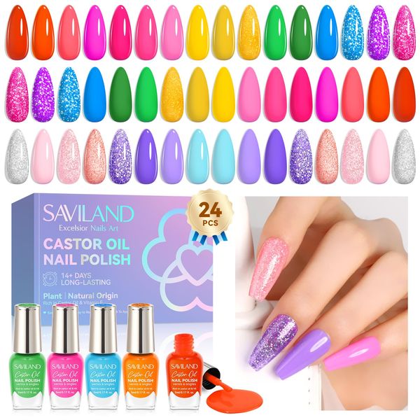 SAVILAND Nail Polish Set Quick-Dry: 24 Trendy Color Locked X Tech Regular Nail Polish Kit Neon Glitter Finger Bulk Nail Polish Non Gel Plant-base Castor Oil Vitamin E Toe Nail Lacquer Gift Set Women