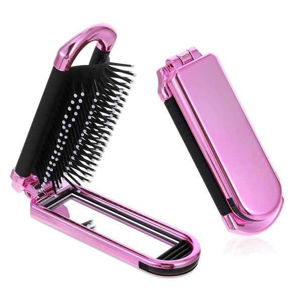 Mini Travel Hair Brush, Small Foldable Hairbrush Compact Hair Brush with Mirror and Round Tip Nylon Bristles for Women and Men, Portable Pocket Size Comb for Car Gym Bag Purse (Electroplating Pink)