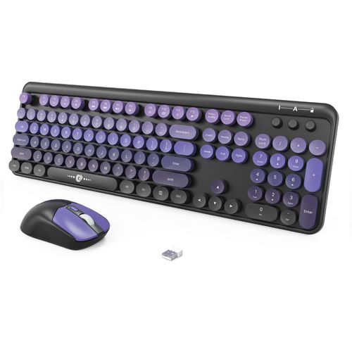 FOPETT Wireless Keyboard and Mouse Combo, 104 Keys Full-Sized 2.4 GHz Dropout-Free Connection, Round Keycap Colorful Keyboards for PC, Mac, Windows, Laptop, Desktop (Black Purple)