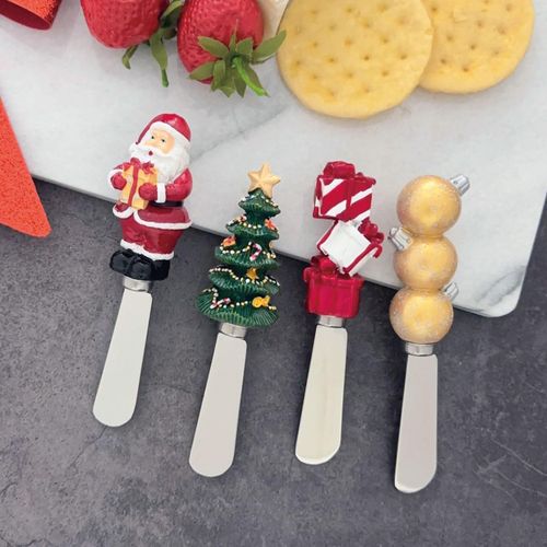 Supreme Housewares Light the Trees Cheese Spreaders, Hand-Painted Resin Handles with Stainless Steel Blades for Spreading Cream Cheese, Butter, and Jam, Assorted Christmas Designs, Set of 4