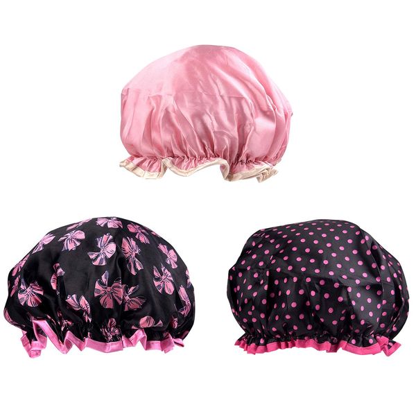 TUPARKA 3 Packs Shower Caps Waterproof Bath Caps Double Layer Shower Hat for Girls and Women