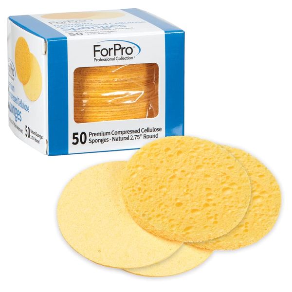 ForPro Premium Compressed Facial Sponges, 50-Count Cellulose Sponges for Facial Cleaning, Exfoliating and Makeup Removal, 2.75" Round, Natural