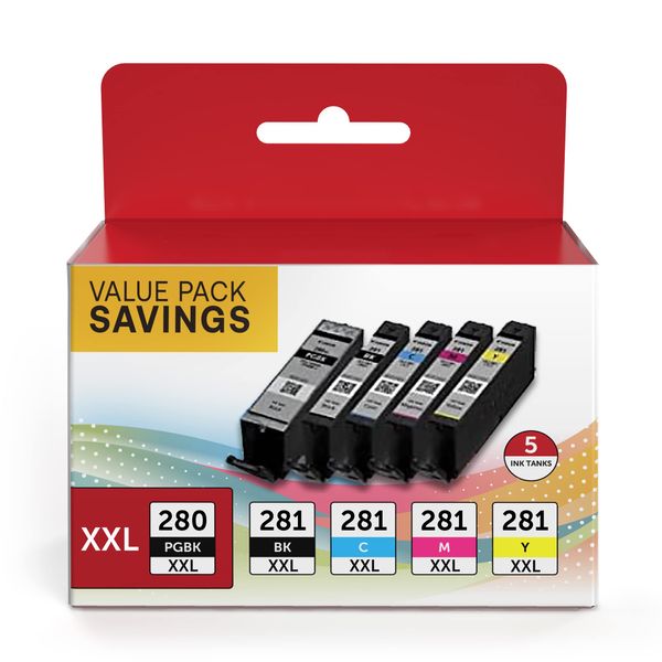 MIOLAINZ Compatible Ink Cartridges Replacement for Canon PGI-280XXL(Black) and CLI-281XXL(Color) (Pigment Black, Black, Cyan, Magenta and Yellow, 5-Pack)