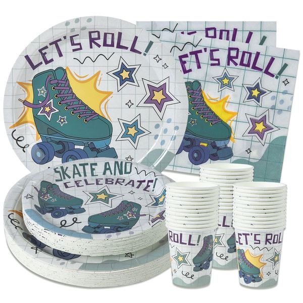 Roller Skating Party Supplies (Serves 24) Dinner Plates, Dessert Plates, Cups, Napkins. Roller Skating Baby Shower Decorations for Kids, Boys, Girls and More.