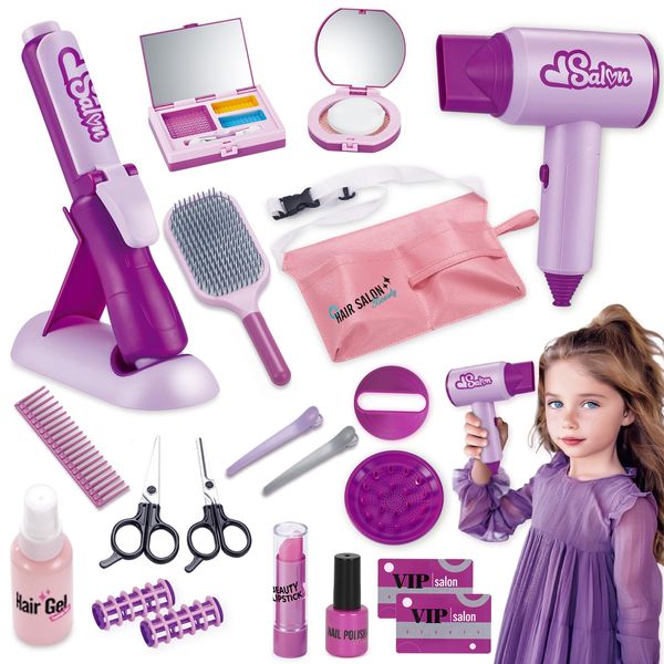 Kodvinp Hair Salon Toys for Girls, Pretend Play Kids Makeup Kit with Realistic Accessories, Blow Dryer, Curling Iron, Tool Bag and Styling Accessories