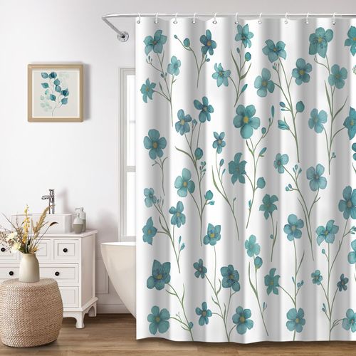 Floral Shower Curtain, Teal Spring Flower Watercolor Modern Printed Bathroom Curtains with 12 Hooks, 72 x 72 Inches