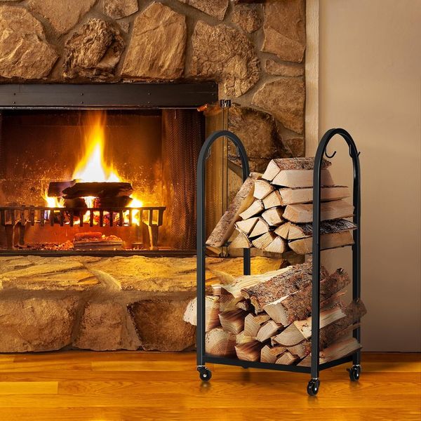 2Tier Indoor Firewood Rack with Wheels & 4 Hanging Hooks Outdoor Firewood Holder