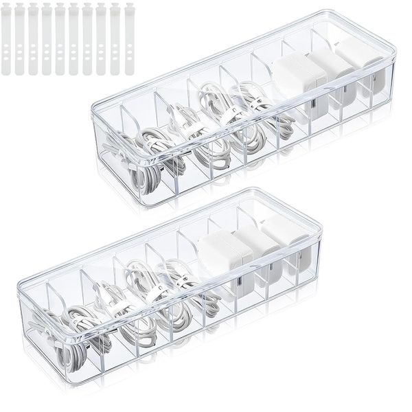 agctrler 8 Fächer Kabelmanagement Box mit Abdeckung, 2 Stück Kabel Organizer Box Wasser- und Staubdicht, mit 24 Kieselerde Kabelbindern, Transparent Cable Organizer Box