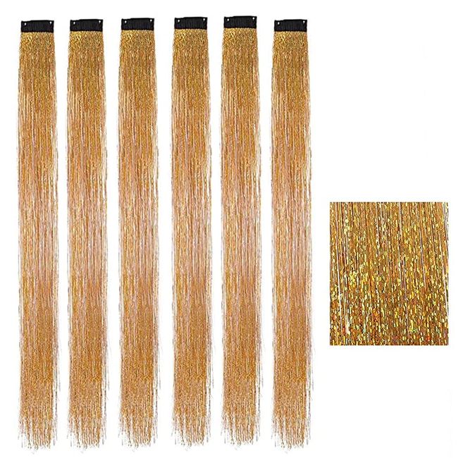 Clip In Hair Extensions Tinsel Hair Fairy Hair Tinsel Kit Clip In Hair Tinsel Heat Resistant Glitter Tinsel Hair Extensions Glitter Highlights Hair Accessories for Christmas New Year Halloween Cosplay Party (Champaign gold)