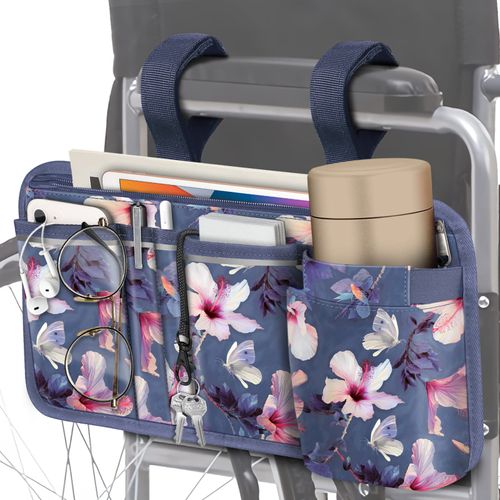 FINPAC Wheelchair Side Storage Bag w/Cup Holder, Wheelchair Armrest Accessories Pouch with Pen Slot and Reflective Strips for Power Wheelchairs, Walkers, Rollators, Seniors, (Z-Hibiscus)