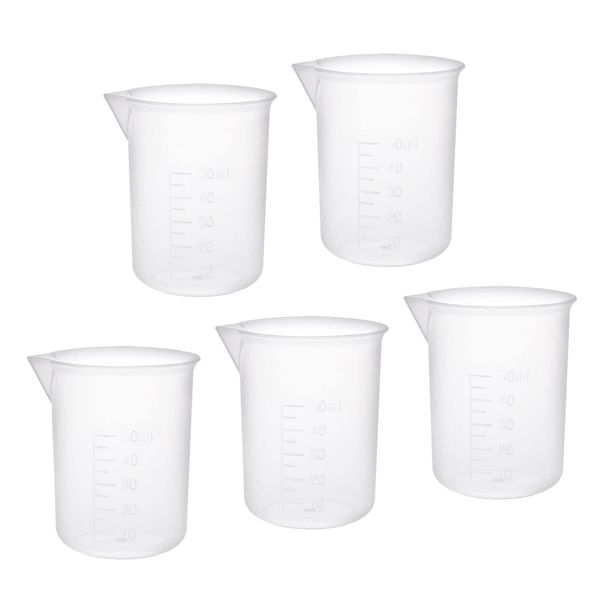 YOKIVE 5pcs Plastic Graduated Beakers Laboratory Liquid Measuring Cups for Laboratory Kitchen Daily Use Clear White 50ML