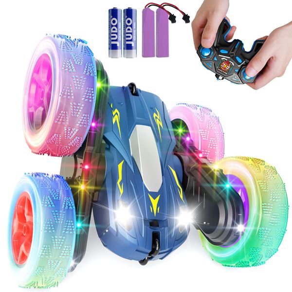 28℃ Remote Control Car,RC Cars with Sides Light Strip and Headlights,Double Sided 360 Flips Rotating RC Stunt Car,2.4Ghz All Terrain Toys for Ages 5-7 Kids Toy for Boys Girls, Blue