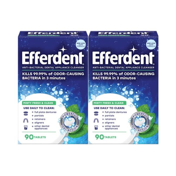 efferdent Retainer Cleaning Tablets, Denture Cleaning Tablets for Dental Appliances, Minty Fresh & Clean, 90 Count, New Packaging - PACKAGING MAY VARY (Pack of 2)