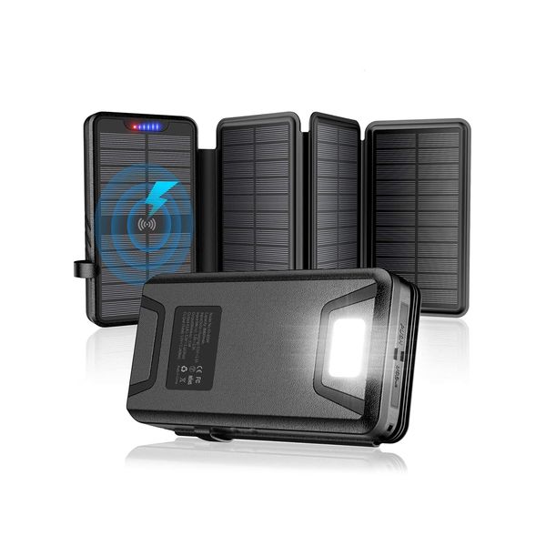 Solar Charger 38800mAh Solar Power Bank with Dual 5V3.1A Outputs 10W Qi Wireless Charger Waterproof Built-in Solar Panel and Bright Flashlights