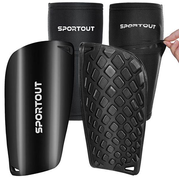 Sportout Adult Youth Kids Soccer Shin Guards,Comprehensive Protection for Your Leg, with Cushioned Ankle Protection to Prevent Injuries (Black-1, M)