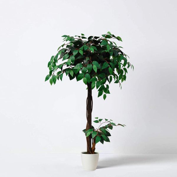 Tradala 3’11" Lush Artificial Tree in White Pot - Ficus 120cm / 3ft 11" Tall with Real Wood Trunk - For Home Living Room Indoors