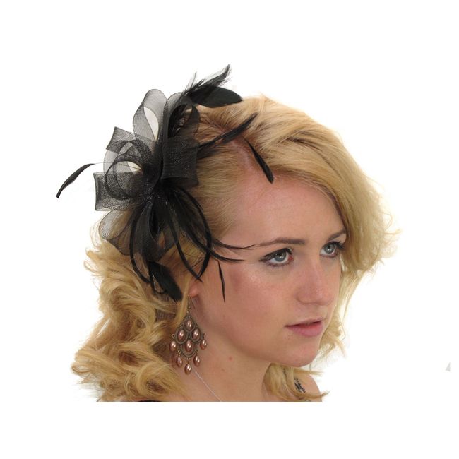 Glitz4Girlz Black Looped Bow and Feather Women Hat Fascinator Weddings Day Races for Women Girls