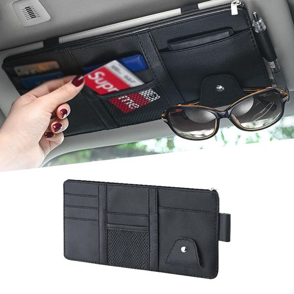 UGSHY Pack of 1 Leather Zipper Visor Storage Bag, Multifunctional Pocket Business Card Holder, 11.4In x 5.9In Car Sun Visor Organizer, for Men Women Car Interior Receiving (Black)