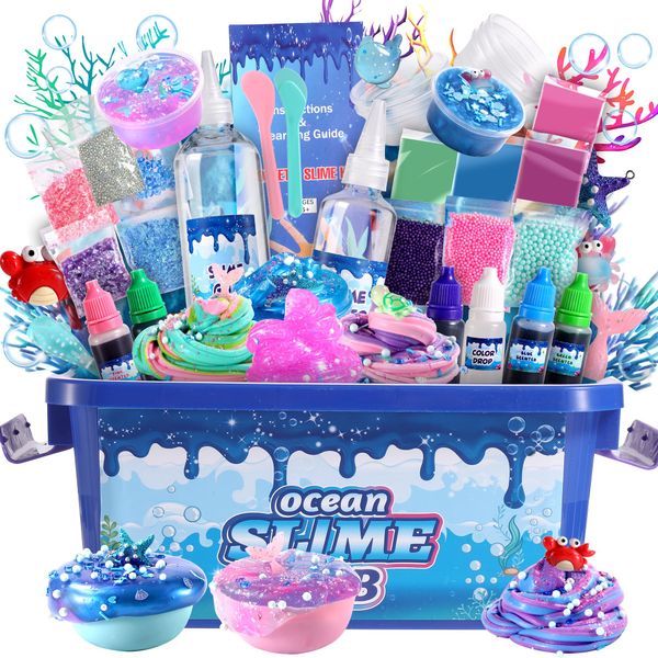 Ocean Slime Kit for Girls,Non Sticky,Super Soft Sludge Toy,Birthday Gifts for Kids 4-12,Soft Shiny Metal Clay Toy Girls & Boys