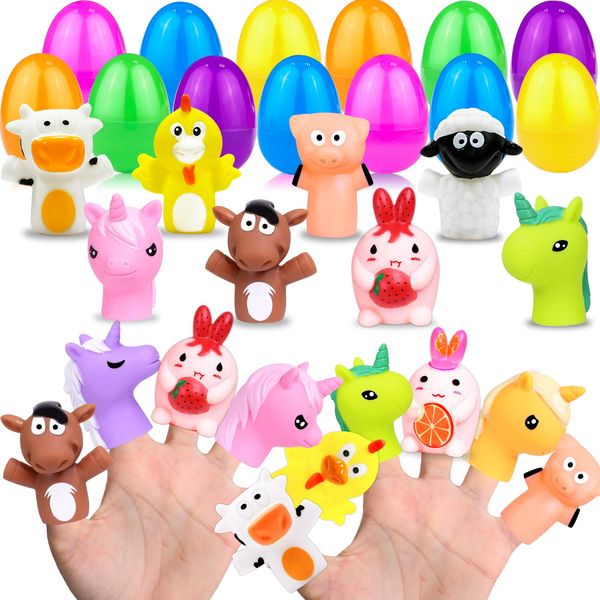 15 Pack Easter Eggs Filled Animal Finger Puppets Easter Basket Stuffers 3.3" Plastic Easter Eggs Fillers Bunny Chick Fidget Toys Surprise Eggs Easter Hunt for Kids Girls Boys Classroom Party Favor