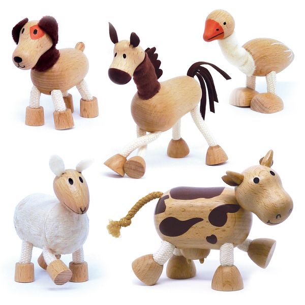 Wooden Animal Toys for Toddler, Fun and Posable Wooden Farm Toy Playset, Cow Horse Goose Dog Sheep Wooden Toys, Wood Farm Animals, Early Education Boys and Girl, 5 Bendable Figures Farm Toys Set