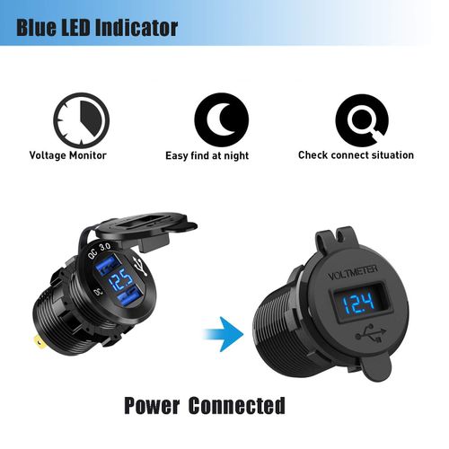 Quick Charge 3.0 Car Charger Socket 12V/24V 36W Aluminum QC3.0 Dual USB Fast Charger Socket Power Outlet with LED Voltmeter for Marine, Boat, Motorcycle, Truck, Golf Cart (Dual QC3.0 (Blue))