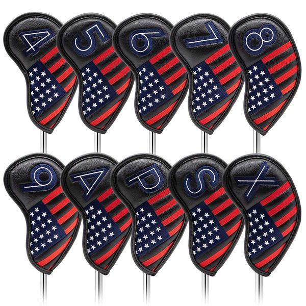 Golf Iron Head Covers Set 10pcs/Set Iron Headcover Golf Iron Club Cover USA American Flag for PXG0311 (Black)