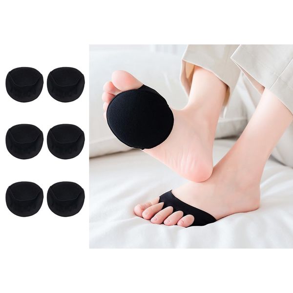 Metatarsa Foot Pads(3pairs of black) Reusable Soft Ball of Foot Cushions Forefoot Pads for Women Prevention Pain Relief Honeycomb Fabric Foot Pads Toe Socks, 5 Toes, Sweat Absorbent, Non-Slip