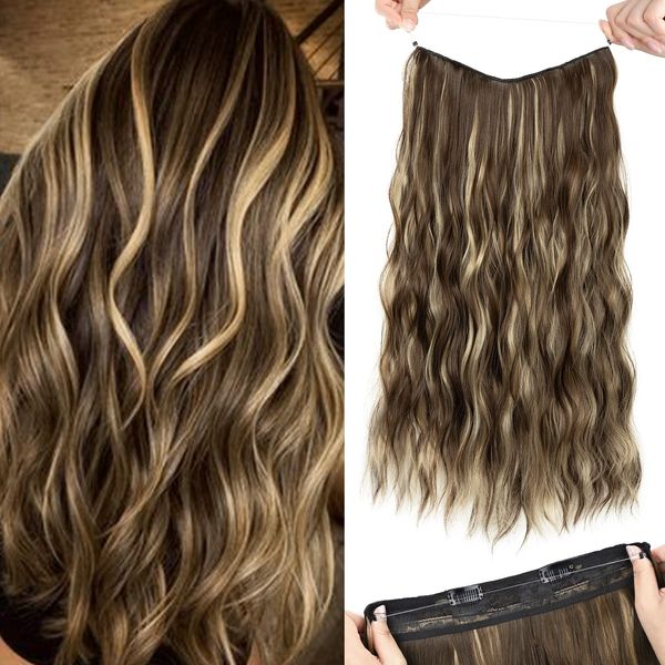 HOOJIH Wire Hair Extensions 2 Ways Adjustable Headband Size Curly Wavy Invisible Wire Wigs 24 Inch 150 Gram for Women - Deep Almond Brown with Wheat Germ Blonde