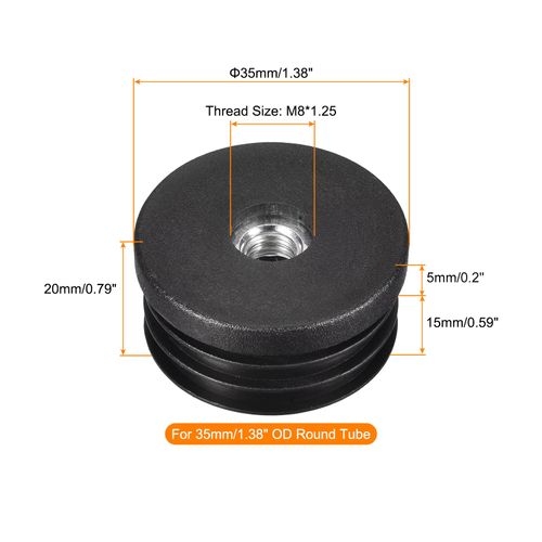 uxcell 4Pcs Plastic Threaded Tube Inserts with M8 Thread, for 35mm/1.38" OD Round Tube, Adjustable Round Black Plastic Plug Caster Insert Chair End Caps Furniture Leg Plug
