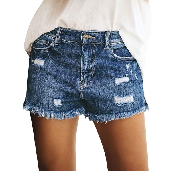 luvamia Women's Casual Mid Waist Ripped Denim Shorts Frayed Raw Hem Jean Shorts Casual Shorts Classic Blue Size L