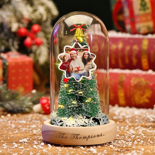 Christmas Personalized Gifts for Family, Custom Gifts with Photos Text, Mini Christmas Tree with Lights & Photos, Laser Engraving on Wooden Base, Christmas Unique Gifts Ideas for Men Women