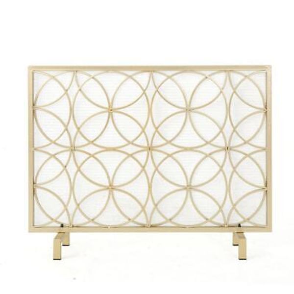 Noble House Fireplace Screen Decorative Iron 1-Panel Mesh Freestanding in Gold