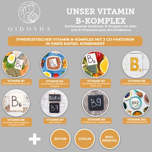 QIDOSHA® Vitamin B complex bio-active and high dose plus co-factors, 180 capsules in a glass, B vitamins high dose in their bio-active form, B vitamin complex high dose and activated, vegan