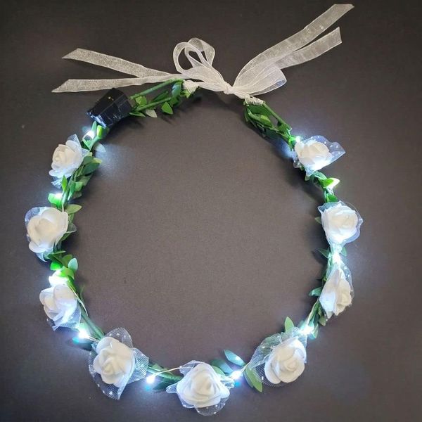 YuanHolumid White Vintage LED Flower Crown, Glow Flower Wreath Headbands Luminous Led Bridal Headpiece Wedding Headdress Hair Hoop Party Favors Hair Accessories