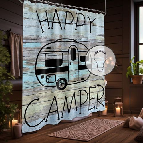 puuiui Happy Camper Shower Curtain Rv Camping Travel Trailer Small Shower Curtains for Bathroom Decor Sets, Waterproof Cloth Fabric with Hooks, 47x64 Inch