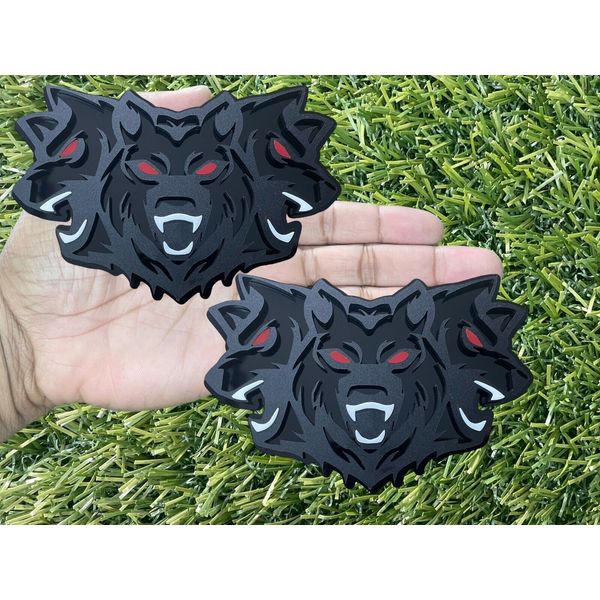 Wolf Pack  Badges Emblem HellHound Cerberus 2 BADGES Fender Red Eye With Teeth!