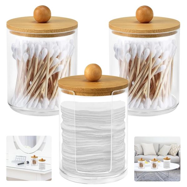 CYNNXIA 3PCS Cotton Pad Holder with Bamboo Lid, Acrylic Qtip Holder Clear Cotton Bud Dispenser Plastic Apothecary Jar Stackable Bathroom Storage Jars for Cotton Ball, Swab, Round Pads, Floss