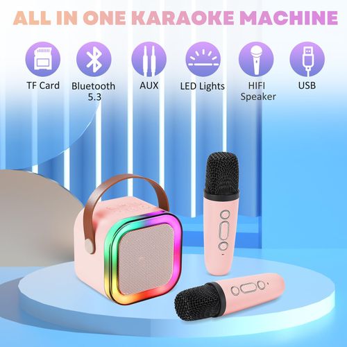 LCQSHENG Mini Karaoke Machine for Kids Adults, Portable Bluetooth Speaker with 2 Wireless Microphones,Christmas and Birthday Gifts Suitable for Girls Aged 4 to 12(Pink)