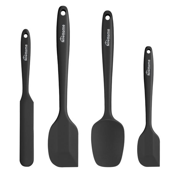 NileHome Silicone Spatula Set, High Heat-Resistant Premium BPA-Free One Piece Seamless Design, Non-Stick Rubber with 18/8 Stainless Steel Core, Cooking/Baking Utensil Set of 4, Black