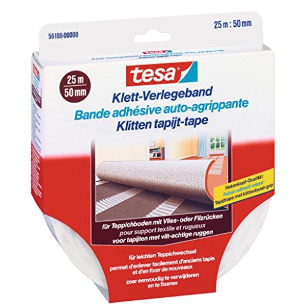 2 x tesa Klett-Verlegeband für Teppichboden je 10 mx 50mm/ 56187-00000/ Teppichverlegeband/ auch für Feuchträume und Fußbodenheizung
