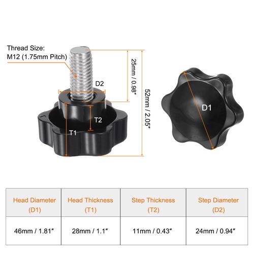 HARFINGTON 4pcs Star Knobs M12 x 25mm 304 Stainless Steel Threaded Stud 46mm Plastic 6-Star Head Hand Tightening Thumb Screw Clamping Jig Knob Handle, Black